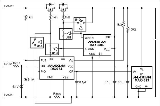 圖1. 在DS2784應(yīng)用電路中加入MAX6506和MAX4613實現(xiàn)可編程的熱保護(開關(guān)U1A-U1D表示MAX4613內(nèi)的4個開關(guān))。