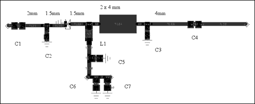 圖4. 2mm x 4mm短截線的布線圖(0.4mm引線電阻為50Ω，微帶線的長度標(biāo)在圖上)