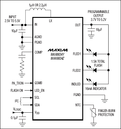 MAX8834、MAX8834Y、MAX8834Z：典型工作電路