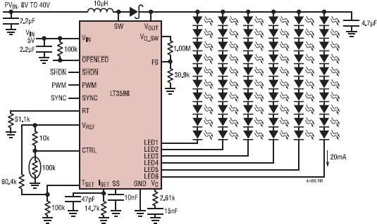 用于驅(qū)動(dòng)60個(gè)20mA LED的驅(qū)動(dòng)電路圖