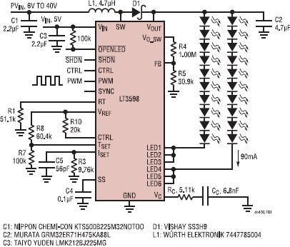 用于驅(qū)動(dòng)兩串90mA LED的驅(qū)動(dòng)電路圖