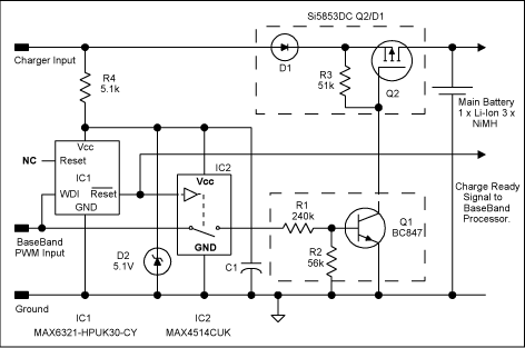 圖2、在圖1電路中添加IC1、IC2，在處理器停止工作時提供電池保護。
