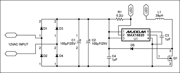 圖1. 采用MAX16820 LED驅(qū)動器構(gòu)建的5W MR16 LED燈驅(qū)動電路，圖中LED為LedEngin的5W WLED。
