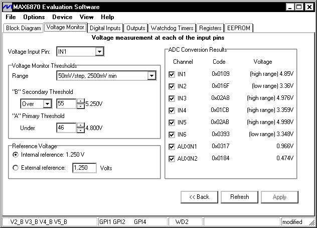 圖3. 點擊Voltage Monitor標簽，可以設定每一個輸入是監(jiān)視兩個欠壓電平還是一個欠壓電平和一個過壓電平，還可以設置門限值，也可選擇要查看哪一個數字輸入。