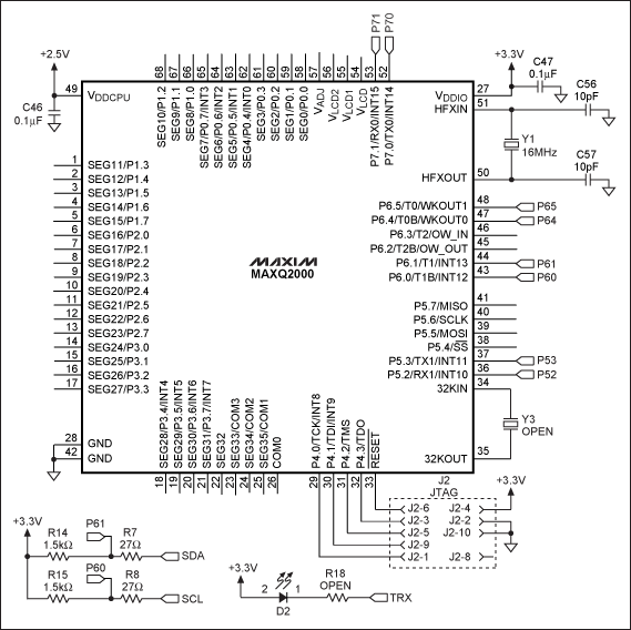 圖3. 該原理圖(基于MAXQ2000低功耗LCD μC)提供了一個能夠工作在標(biāo)準(zhǔn)、快速或Hs模式的I2C主機(jī)