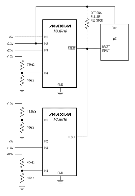 圖1. 利用兩片漏極開路輸出的多電壓監(jiān)控器監(jiān)控8路電壓，提供單個(gè)復(fù)位輸出。