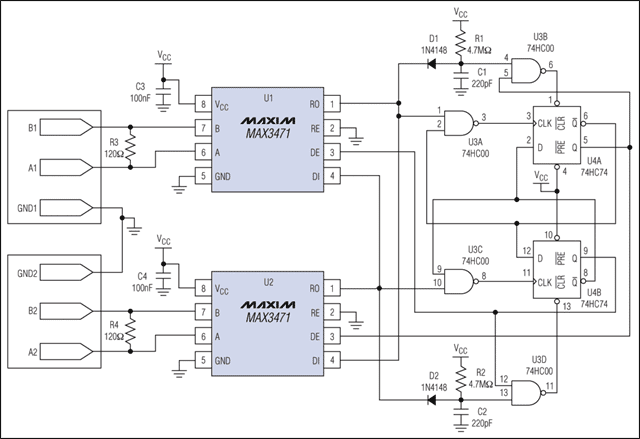 圖1. 待機(jī)電流只有3μA的RS-422中繼器。