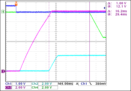 圖3. +3.3V至-5V接通延時(shí)，沒有負(fù)載Ch1 = Q8BASE, Ch2 = +3.3VOUT, Ch3 = +12VOUT, Ch4 = -5VOUT注釋：+3.3VOUT和-5VOUT之間有16.2ms延時(shí)。