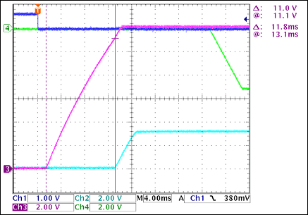 圖2. +12V至+3.3V接通延時(shí)，沒有負(fù)載Ch1 = Q8BASE(CARD_PRESENT), Ch2 = +3.3VOUT, Ch3 = +12VOUT, Ch4 = -5VOUT注釋：+12VOUT和+3.3VOUT之間有11.8ms延時(shí)。