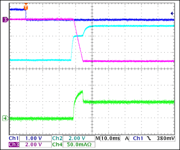 圖10. -5V接通波形，100Ω阻性負(fù)載 = 50mA Ch1 = Q8BASE, Ch2 = -5VGATE, Ch3 = -5VOUT, Ch4 = IIN(-5V) 注釋：-5V擺率大約為1V/ms。