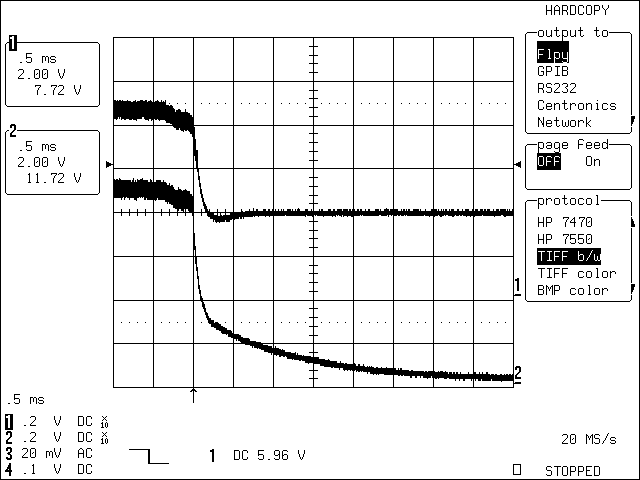 圖4. C1 = 22μF時(shí)，改進(jìn)后的應(yīng)用電路在移除充電電源后的瞬態(tài)波形