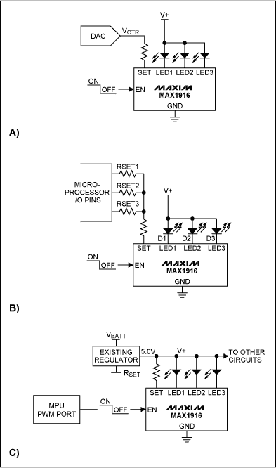 圖5. MAX1916驅動白光LED時的三種電流調(diào)節(jié)方法。
