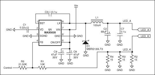 圖1. 通過調(diào)節(jié)控制電壓(0V至3.9V)，MAX5035 LED電流驅(qū)動器能夠在LED_A和LED_K端產(chǎn)生近似350mA至0mA的輸出電流。