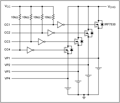 圖1. DS2714應(yīng)用電路，圖中利用nMOS晶體管代替了pnp晶體管