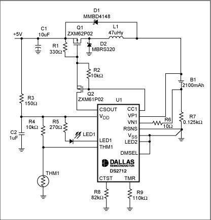 圖7. USB端口對(duì)單節(jié)NiMH電池快速充電的原理圖。