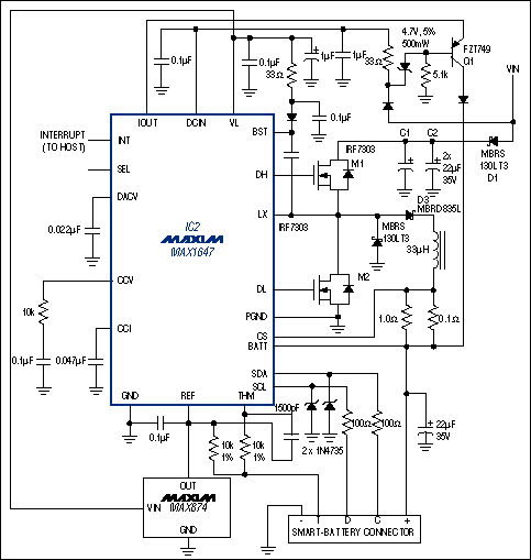 Figure 4. This charger is compliant with the smart-battery specification, and communicates with the host computer and a smart battery via the  SMBus interface.