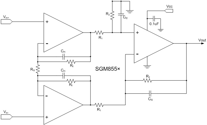 圖4：基于SGM855×系列的分立儀表放大器設(shè)計方案。 