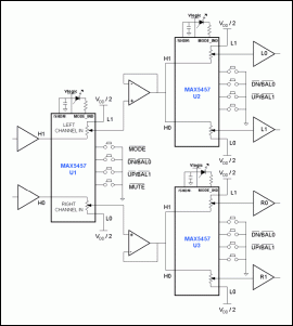 圖1. 利用三片MAX5456/MAX5457 IC構(gòu)成的音量調(diào)節(jié)、均衡電路