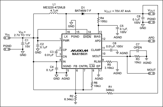 圖1. MAX15031升壓轉(zhuǎn)換器原理圖，F(xiàn)SW = 400kHz (固定)。