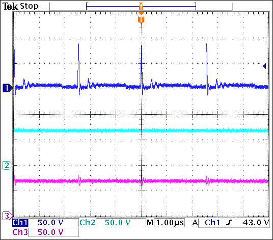 圖3. VIN = 3.3V、APD電流為4mA時(shí)的LX節(jié)點(diǎn)電壓(通道1)、VOUT (通道2)和APD輸出(通道3)。