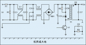 圖2：進行過電磁兼容設(shè)計后的反激式開關(guān)電源電氣原理圖。