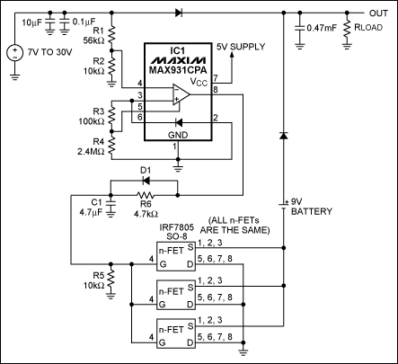 圖1. IC1 MAX931比較器用于監(jiān)測主電源電壓。當主電源電壓下降到7.4V以下時，它可以通過將電池負端接地接通備用電池。