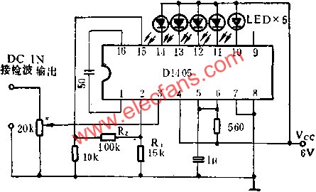 D1405集成電路作直流電平指示器的應(yīng)用電路圖  m.sdkjxy.cn