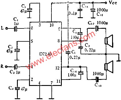D7240音頻功率放大電路作立體聲功率放大的應(yīng)用  m.sdkjxy.cn