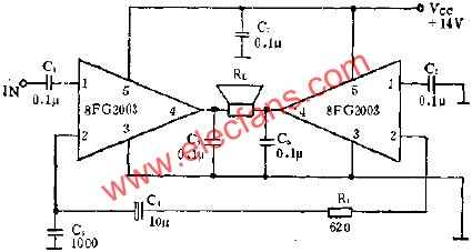 8FG2003拼成BTL放大電路的應(yīng)用  m.sdkjxy.cn
