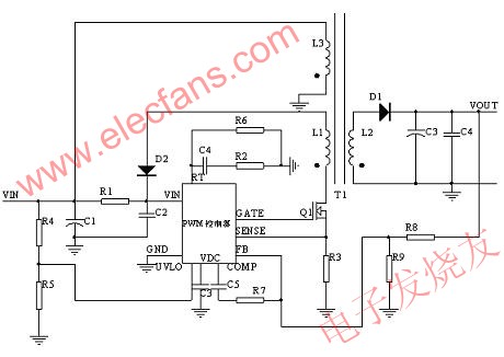 PWM controller + MOSFET實(shí)現(xiàn)FLYBACK 示意圖 m.sdkjxy.cn