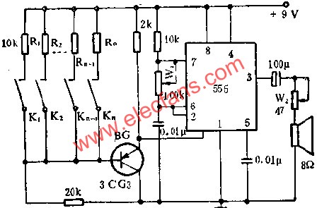 時基集成電路組成簡易電子琴線路圖 m.sdkjxy.cn