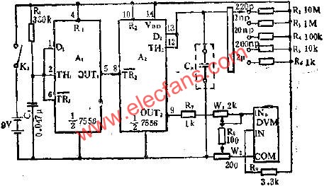 CC7556雙定時(shí)器在數(shù)字電容表中的應(yīng)用電路圖  m.sdkjxy.cn