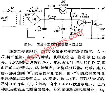簡易串聯(lián)型可調(diào)穩(wěn)壓電源電路  m.sdkjxy.cn