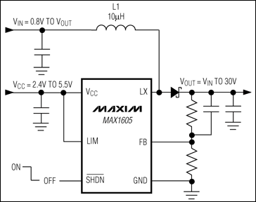 MAX1605內(nèi)置30V開關(guān)的LCD偏置電源的應(yīng)用電路 m.sdkjxy.cn