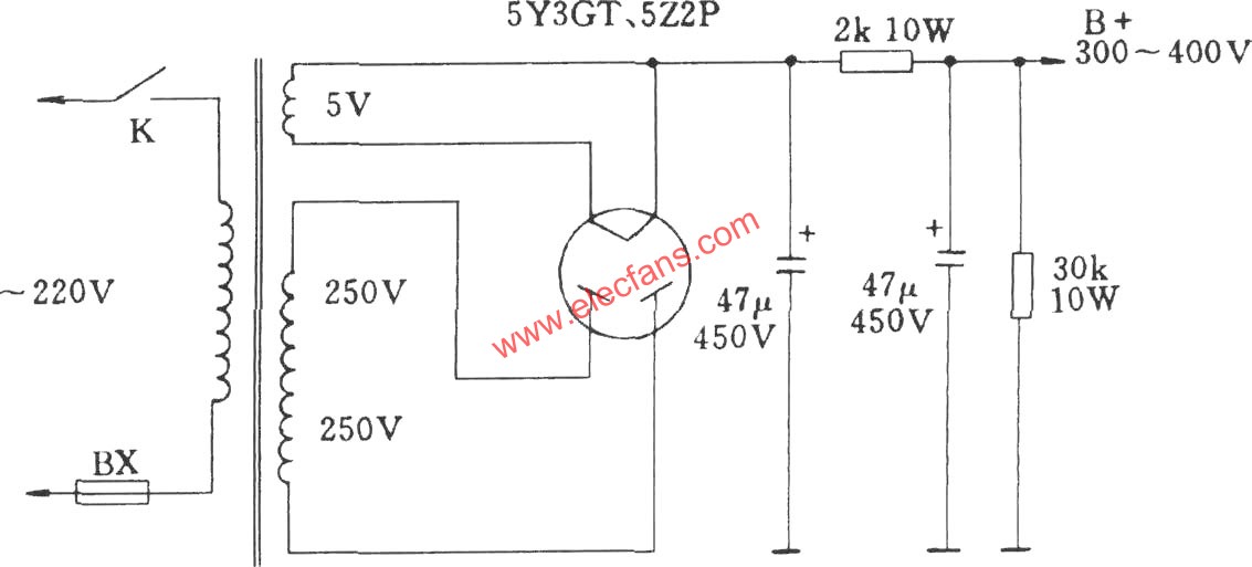 直熱式整流電子管全波整流及濾波電路  m.sdkjxy.cn