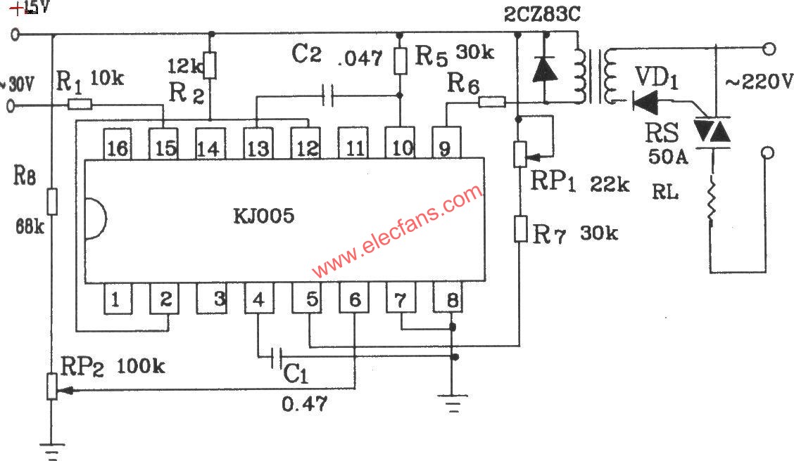 KJ005可控硅移相觸發(fā)器外電路接線圖  m.sdkjxy.cn