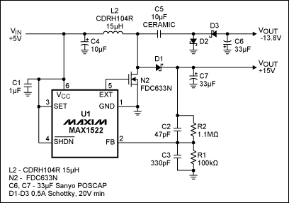 Figure 1. This single-inductor, 200mA power supply derives +15V/-14V from +5V. m.sdkjxy.cn