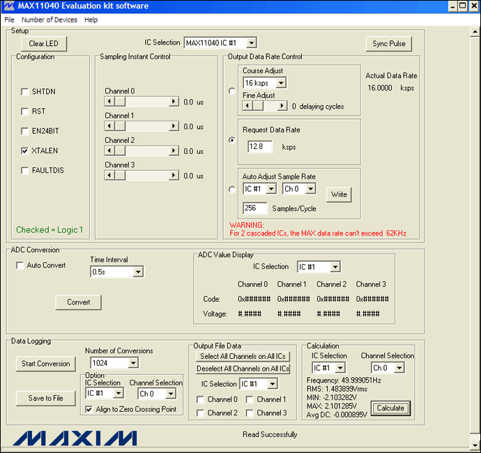 圖4. MAX11040EVKIT GUI允許用戶方便地設(shè)置各種測量條件：12.8ksps、256采樣點(diǎn)/周期和1024次轉(zhuǎn)換。此外，GUI的計(jì)算部分提供了一個(gè)進(jìn)行快速工程運(yùn)算的便捷工具。