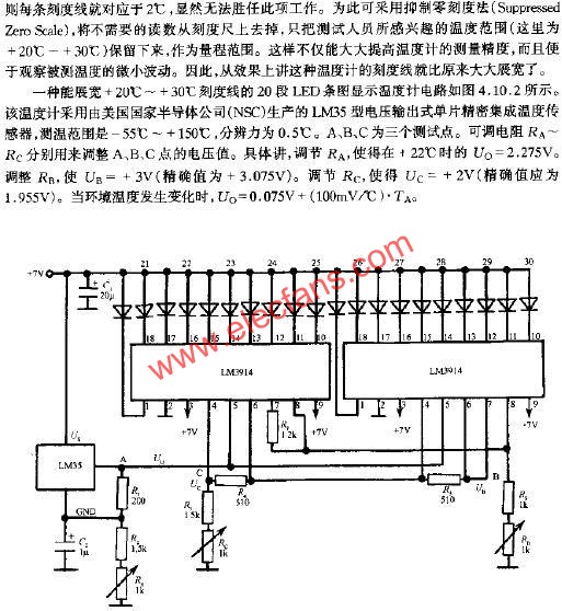 能展寬刻度線的20段LED條圖顯示溫度計電路  m.sdkjxy.cn