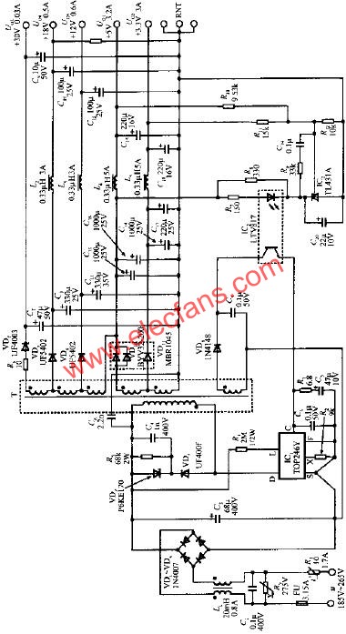 由TOP246Y構(gòu)成的45W多路輸出式開關(guān)電源電路  m.sdkjxy.cn