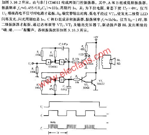 由門控振蕩器組成的聲光報(bào)警電路  m.sdkjxy.cn