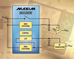 Tiny, dual step-down converter integrates DC-DCs for both PA and RF transceiver.