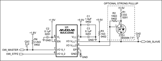 圖1. 1-Wire雙向電平(1.8V至5V)轉(zhuǎn)換器電路原理圖，注意，引腳I/O VL和I/O VCC具有10kΩ內(nèi)部上拉。