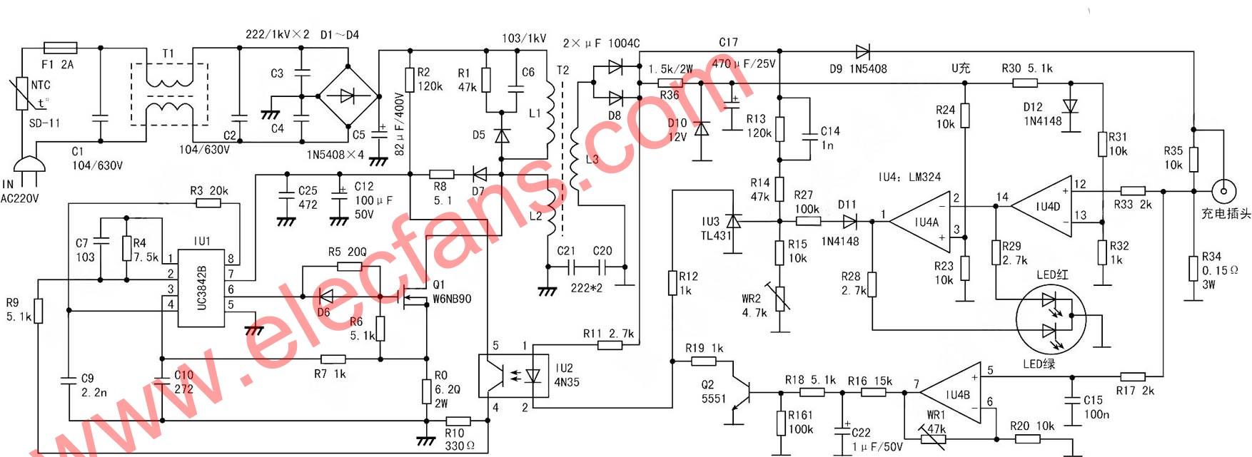 UC3842B電動(dòng)車充電器電路圖 文章來源:http://m.sdkjxy.cn