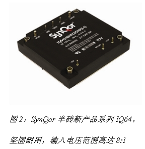 圖2：SynQor半磚新產(chǎn)品系列IQ64，堅固耐用，輸入電壓范圍高達8:1。