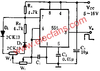 時(shí)基集成電路組成占空比連續(xù)可調(diào)的脈沖發(fā)生器電路圖 m.sdkjxy.cn