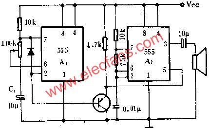 時(shí)基集成電路組成火警或警車音響電路圖  m.sdkjxy.cn