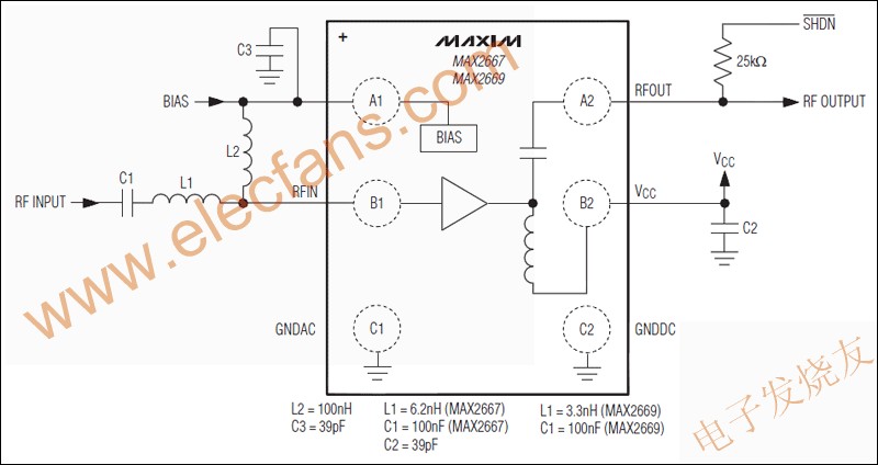 MAX2667/MAX2669高增益，低噪聲放大器(LNA)  來源： 電子發(fā)燒友