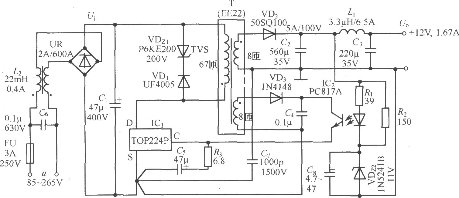 TOP224P構(gòu)成的12V、20W開關(guān)直流穩(wěn)壓電源電路