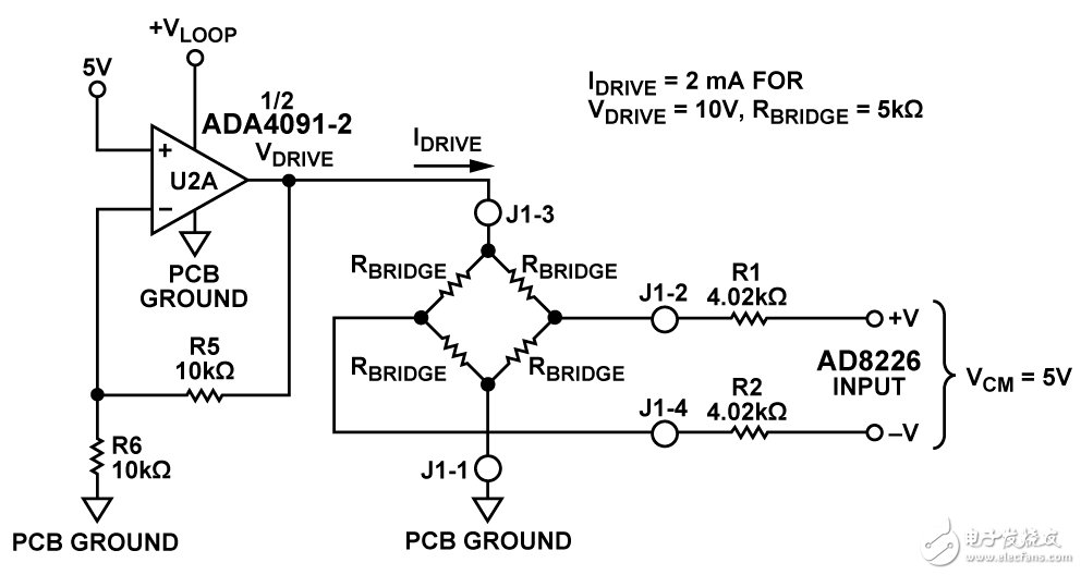 圖2. 傳感器電壓驅(qū)動(dòng)配置（RBRIDGE=5kΩ、VDRIVE=10V